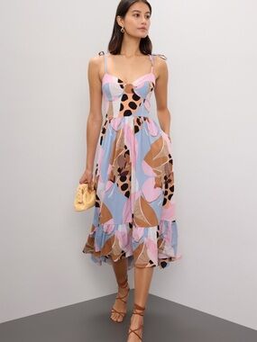 Hutch Pastel Abstract Tiered Midi Dress in Pink, Blue & Tan